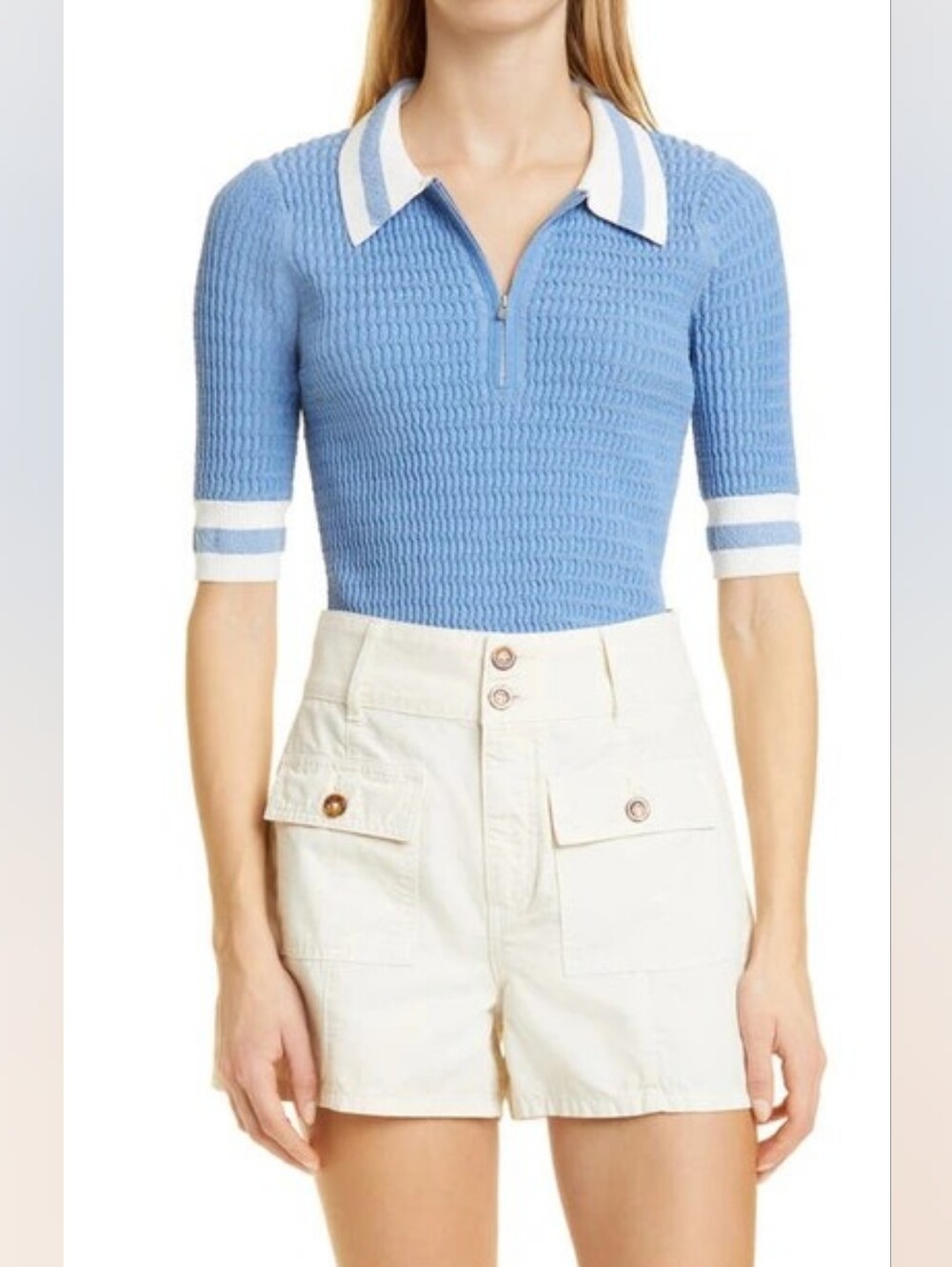 Veronica Beard Jorja Half-Zip Polo Shirt, Light Blue, Size Small